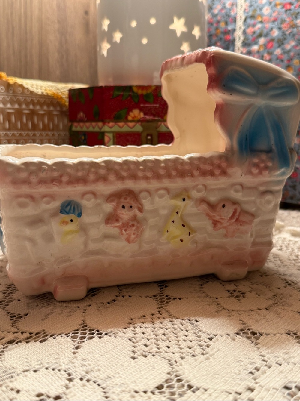 Vintage Napco Ceramic Bassinet Planter 72162 Pastel Japanese Nursery Decor